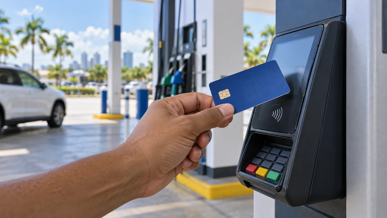 Pago con tarjeta en un verifón de una estación de combustible