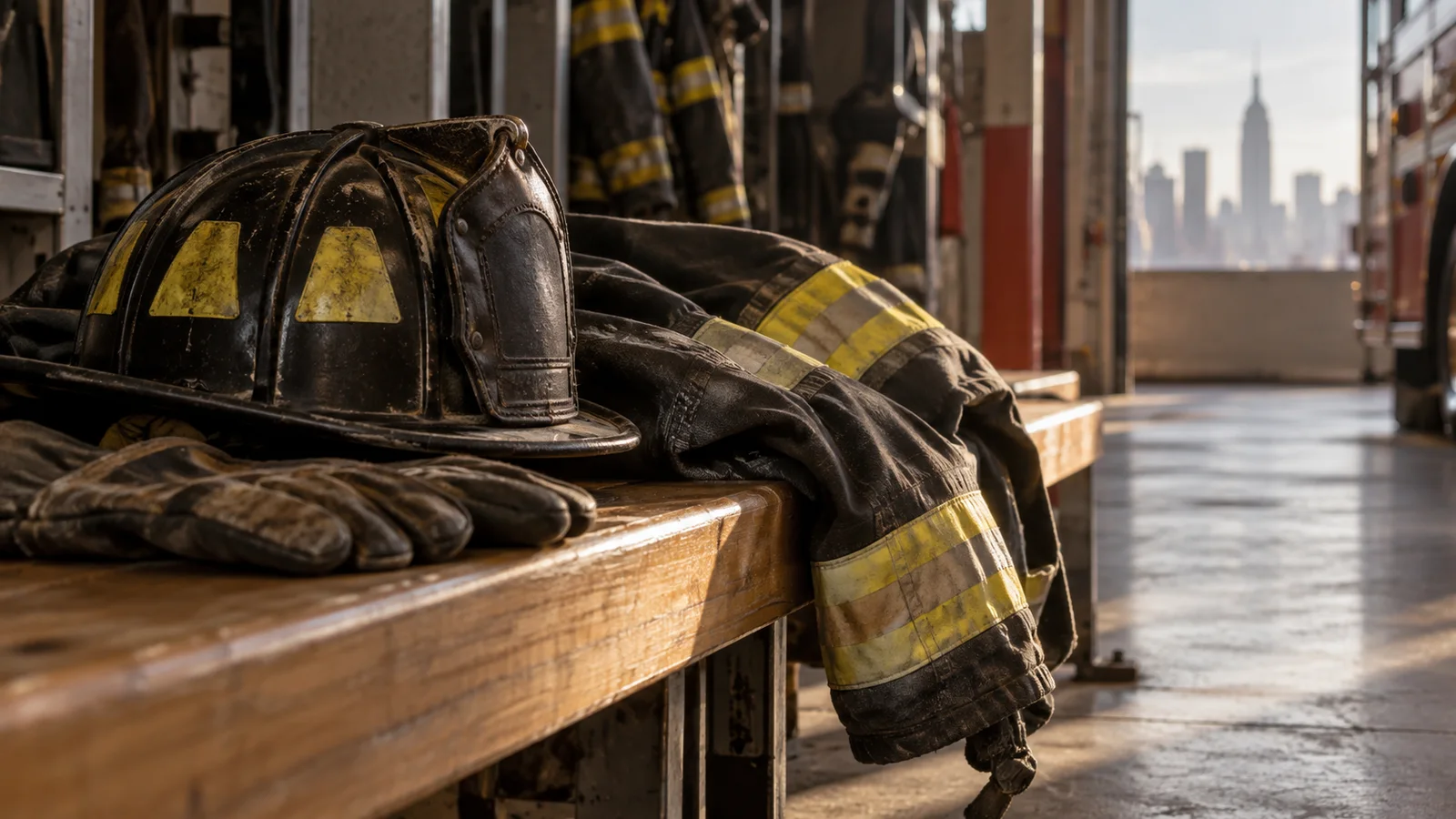 Casco y equipo de bombero en homenaje a los rescatistas del 11-S